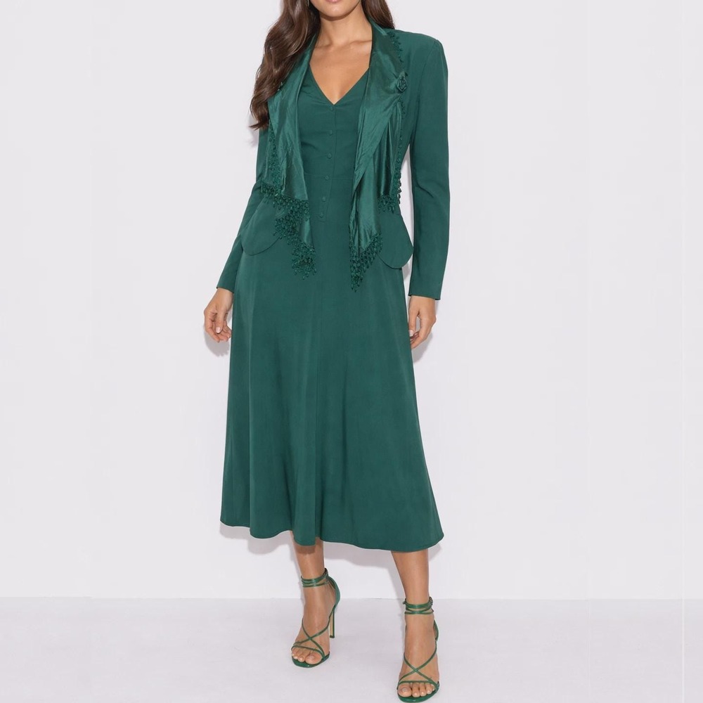 90s Vintage Green Satin Dress Suit Set Womens 4 Midi Bias Cut Waterfall Collar